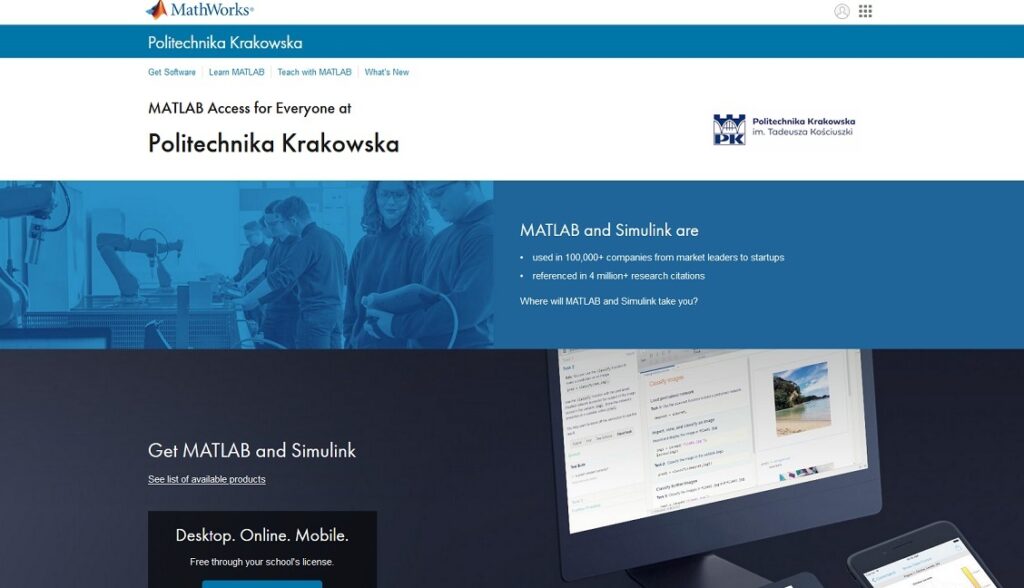 Zrzut ekranu ze strony MathWorks Politechnika Krakowska